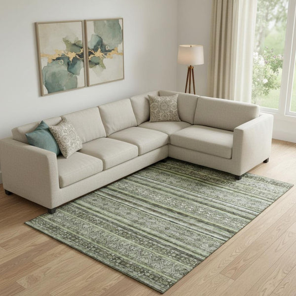 HomeRoots 9' X 12' Striped Washable Area Rug in Olive Green, Gray & Silver – UV Protected for Busy Homes 695809