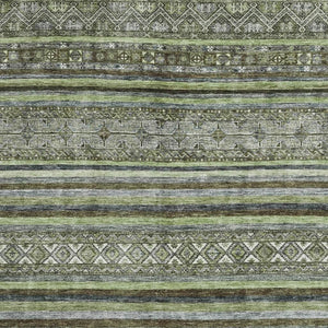 HomeRoots 9' X 12' Striped Washable Area Rug in Olive Green, Gray & Silver – UV Protected for Busy Homes 695809