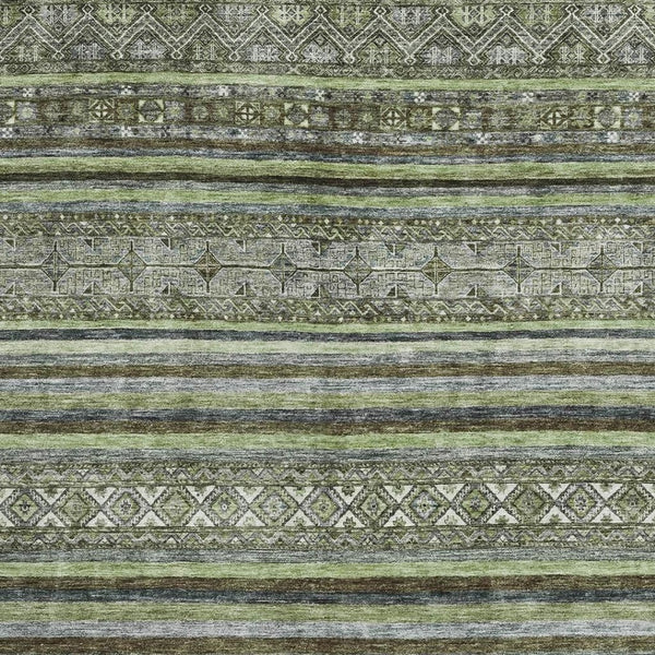 HomeRoots 9' X 12' Striped Washable Area Rug in Olive Green, Gray & Silver – UV Protected for Busy Homes 695809