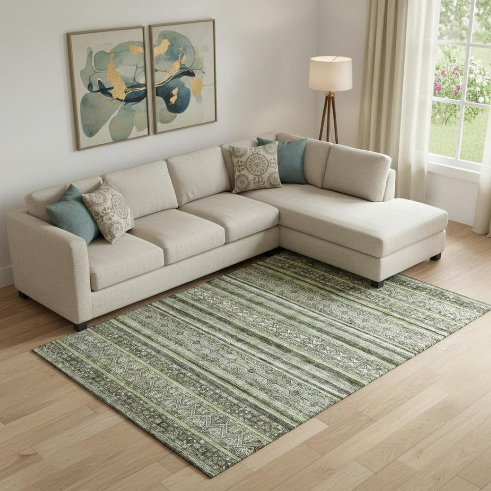 HomeRoots 10' Olive Green, Gray & Silver Striped Washable Area Rug – Durable, UV-Protected & Easy Care Design 695810