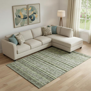 HomeRoots 10' Olive Green, Gray & Silver Striped Washable Area Rug – Durable, UV-Protected & Easy Care Design 695810