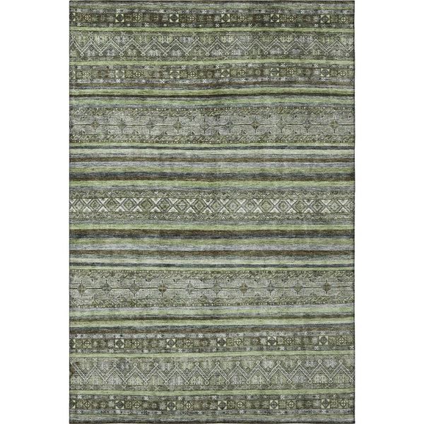 HomeRoots 10' Olive Green, Gray & Silver Striped Washable Area Rug – Durable, UV-Protected & Easy Care Design 695810