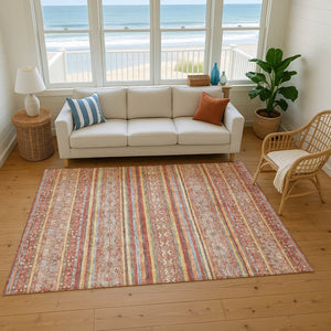 HomeRoots 5' X 8' Elegant Rust Gold & Gray Striped Washable Area Rug with UV Protection & Non-Slip Backing 695812
