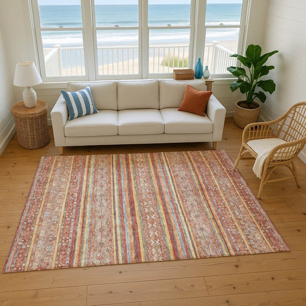 HomeRoots 5' X 8' Elegant Rust Gold & Gray Striped Washable Area Rug with UV Protection & Non-Slip Backing 695812