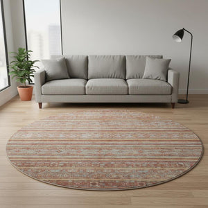 HomeRoots 8' Striped Washable Round Rug in Rust, Gold & Gray – UV Protected, Durable & Perfect for Any Space! 695813