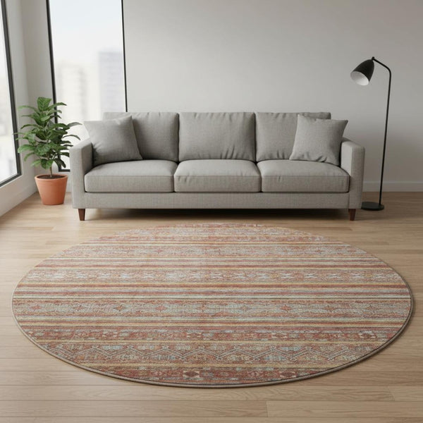 HomeRoots 8' Striped Washable Round Rug in Rust, Gold & Gray – UV Protected, Durable & Perfect for Any Space! 695813