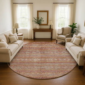HomeRoots 8' Striped Washable Round Rug in Rust, Gold & Gray – UV Protected, Durable & Perfect for Any Space! 695813