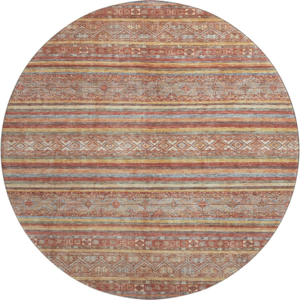 HomeRoots 8' Striped Washable Round Rug in Rust, Gold & Gray – UV Protected, Durable & Perfect for Any Space! 695813