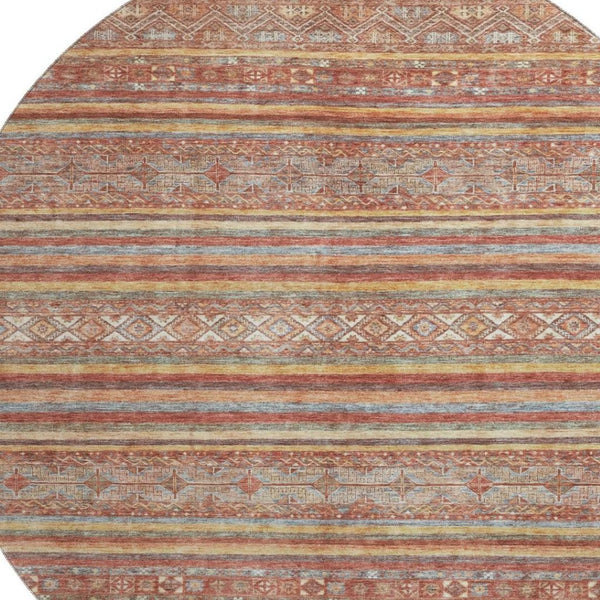 HomeRoots 8' Striped Washable Round Rug in Rust, Gold & Gray – UV Protected, Durable & Perfect for Any Space! 695813