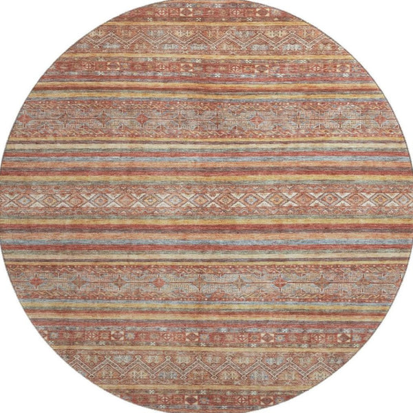 HomeRoots 8' Striped Washable Round Rug in Rust, Gold & Gray – UV Protected, Durable & Perfect for Any Space! 695813