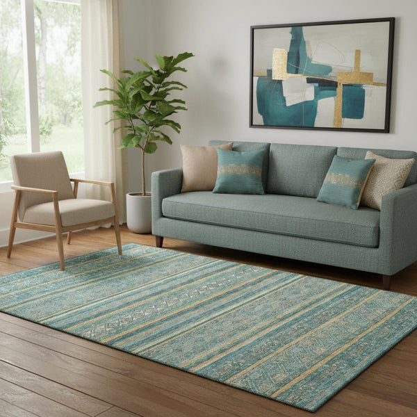 HomeRoots 5' X 8' Vibrant Teal, Gold & Blue Striped Washable Area Rug with UV Protection for Busy Homes 695818