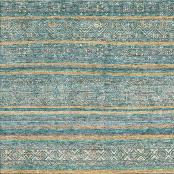 HomeRoots 5' X 8' Vibrant Teal, Gold & Blue Striped Washable Area Rug with UV Protection for Busy Homes 695818