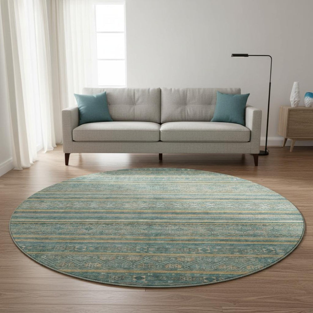HomeRoots 8' Teal Gold and Blue Striped Round Rug - Washable, UV Protected, Durable, Perfect for Homes with Pets! 695819
