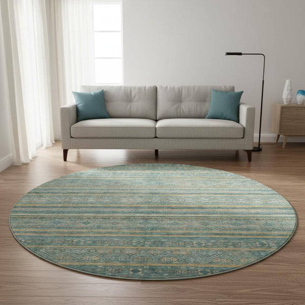 HomeRoots 8' Teal Gold and Blue Striped Round Rug - Washable, UV Protected, Durable, Perfect for Homes with Pets! 695819