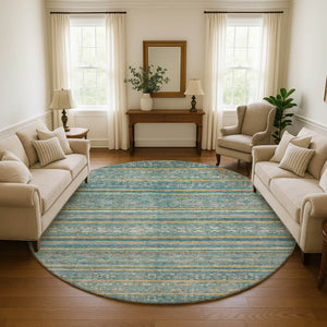 HomeRoots 8' Teal Gold and Blue Striped Round Rug - Washable, UV Protected, Durable, Perfect for Homes with Pets! 695819