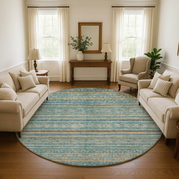HomeRoots 8' Teal Gold and Blue Striped Round Rug - Washable, UV Protected, Durable, Perfect for Homes with Pets! 695819