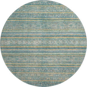 HomeRoots 8' Teal Gold and Blue Striped Round Rug - Washable, UV Protected, Durable, Perfect for Homes with Pets! 695819