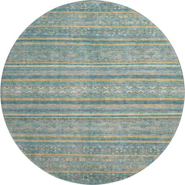 HomeRoots 8' Teal Gold and Blue Striped Round Rug - Washable, UV Protected, Durable, Perfect for Homes with Pets! 695819