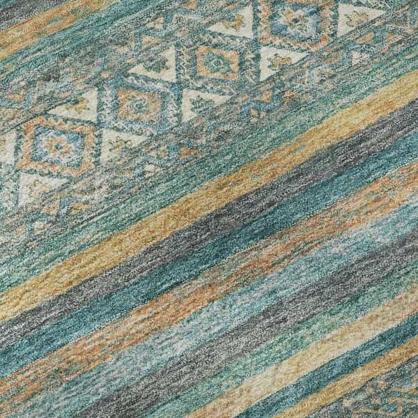 HomeRoots 8' Teal Gold and Blue Striped Round Rug - Washable, UV Protected, Durable, Perfect for Homes with Pets! 695819