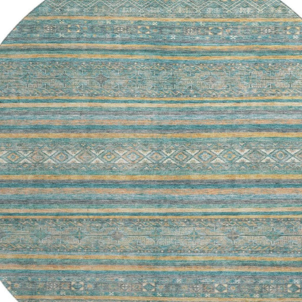 HomeRoots 8' Teal Gold and Blue Striped Round Rug - Washable, UV Protected, Durable, Perfect for Homes with Pets! 695819