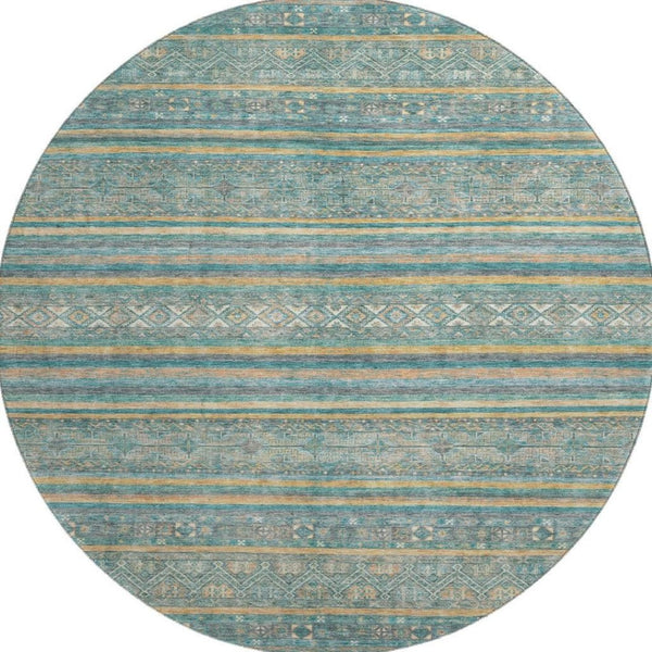HomeRoots 8' Teal Gold and Blue Striped Round Rug - Washable, UV Protected, Durable, Perfect for Homes with Pets! 695819