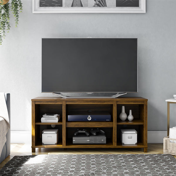 English Elm Parsons TV Stand for TVs up to 50" with ample open shelving, cord management, modern oak finish Walnut B2733P384502