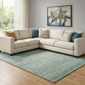 HomeRoots 8' X 10' Teal, Gold & Blue Striped Washable Area Rug with UV Protection for Kids & Pets - Durable! 695820
