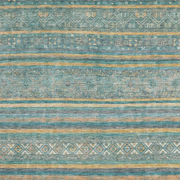 HomeRoots 8' X 10' Teal, Gold & Blue Striped Washable Area Rug with UV Protection for Kids & Pets - Durable! 695820