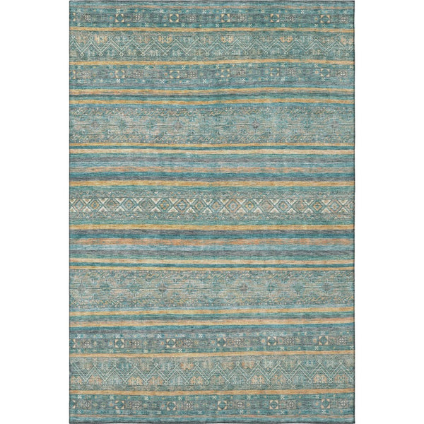 HomeRoots 8' X 10' Teal, Gold & Blue Striped Washable Area Rug with UV Protection for Kids & Pets - Durable! 695820