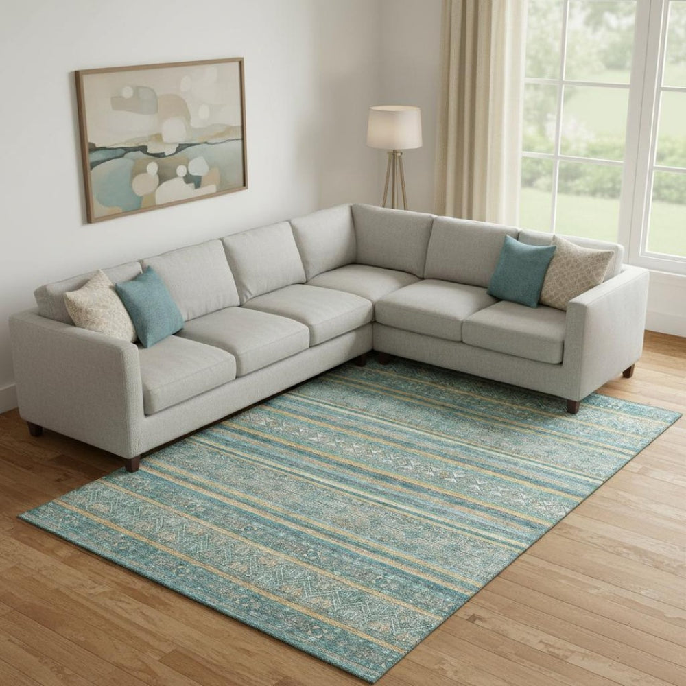 HomeRoots 9' X 12' Stylish Teal Gold & Blue Striped Area Rug - Washable, UV Protected & Non-Slip Backing 695821