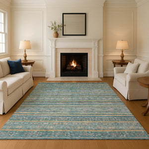 HomeRoots 9' X 12' Stylish Teal Gold & Blue Striped Area Rug - Washable, UV Protected & Non-Slip Backing 695821