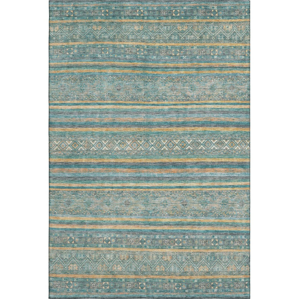 HomeRoots 9' X 12' Stylish Teal Gold & Blue Striped Area Rug - Washable, UV Protected & Non-Slip Backing 695821