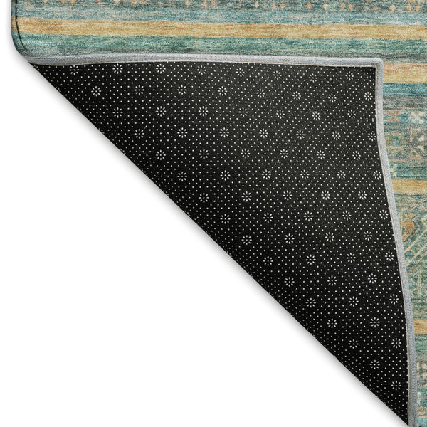 HomeRoots 9' X 12' Stylish Teal Gold & Blue Striped Area Rug - Washable, UV Protected & Non-Slip Backing 695821