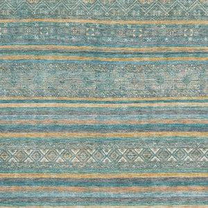 HomeRoots 9' X 12' Stylish Teal Gold & Blue Striped Area Rug - Washable, UV Protected & Non-Slip Backing 695821