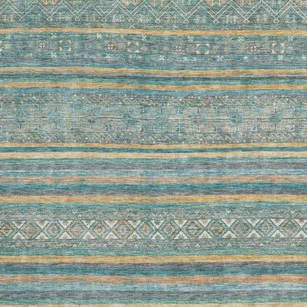 HomeRoots 9' X 12' Stylish Teal Gold & Blue Striped Area Rug - Washable, UV Protected & Non-Slip Backing 695821
