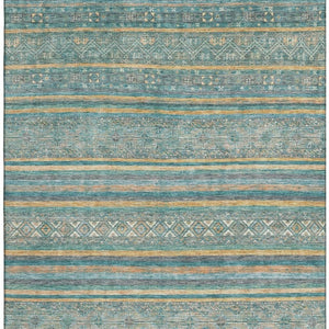 HomeRoots 9' X 12' Stylish Teal Gold & Blue Striped Area Rug - Washable, UV Protected & Non-Slip Backing 695821