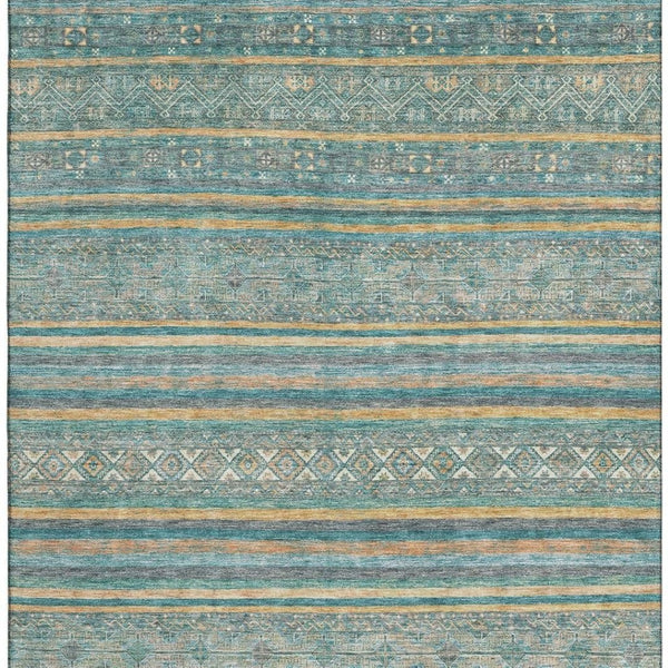 HomeRoots 9' X 12' Stylish Teal Gold & Blue Striped Area Rug - Washable, UV Protected & Non-Slip Backing 695821