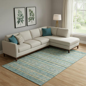 HomeRoots 10' X 14' Striped Area Rug in Teal, Gold & Blue - Durable, Washable, UV-Protected for Homes with Kids 695822