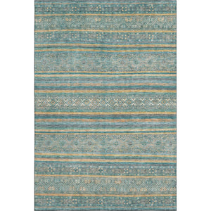 HomeRoots 10' X 14' Striped Area Rug in Teal, Gold & Blue - Durable, Washable, UV-Protected for Homes with Kids 695822