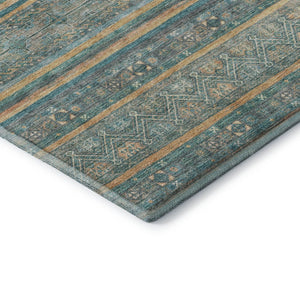 HomeRoots 10' X 14' Striped Area Rug in Teal, Gold & Blue - Durable, Washable, UV-Protected for Homes with Kids 695822