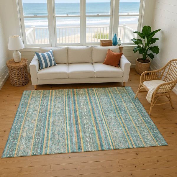 HomeRoots 10' X 14' Striped Area Rug in Teal, Gold & Blue - Durable, Washable, UV-Protected for Homes with Kids 695822