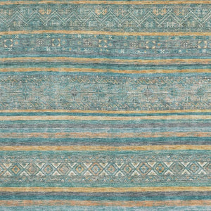HomeRoots 10' X 14' Striped Area Rug in Teal, Gold & Blue - Durable, Washable, UV-Protected for Homes with Kids 695822