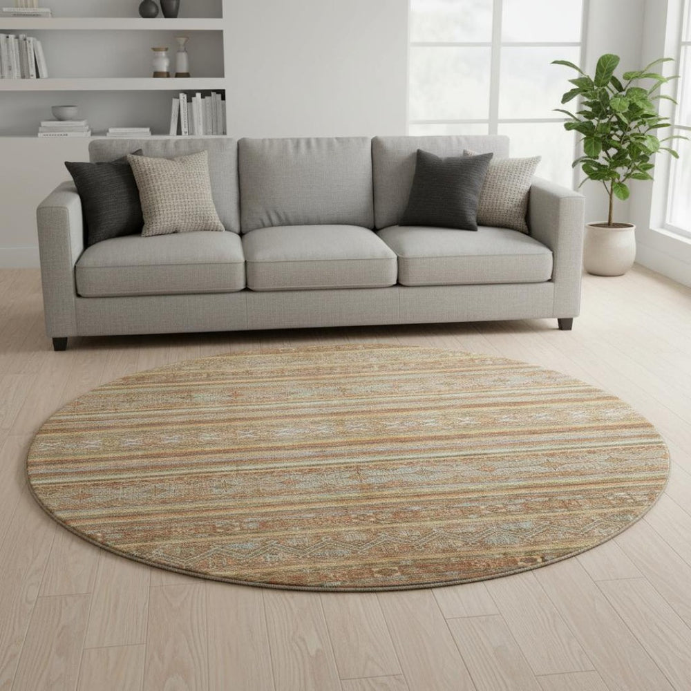 HomeRoots 8' Washable Terra Cotta, Gold & Gray Striped Round Rug - UV Protected, Non-Slip, Stain Resistant Design 695825