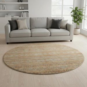 HomeRoots 8' Washable Terra Cotta, Gold & Gray Striped Round Rug - UV Protected, Non-Slip, Stain Resistant Design 695825