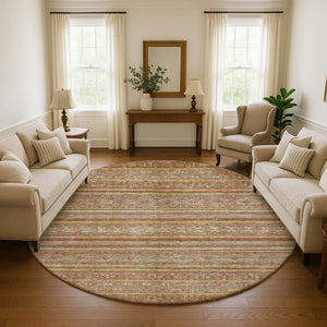 HomeRoots 8' Washable Terra Cotta, Gold & Gray Striped Round Rug - UV Protected, Non-Slip, Stain Resistant Design 695825
