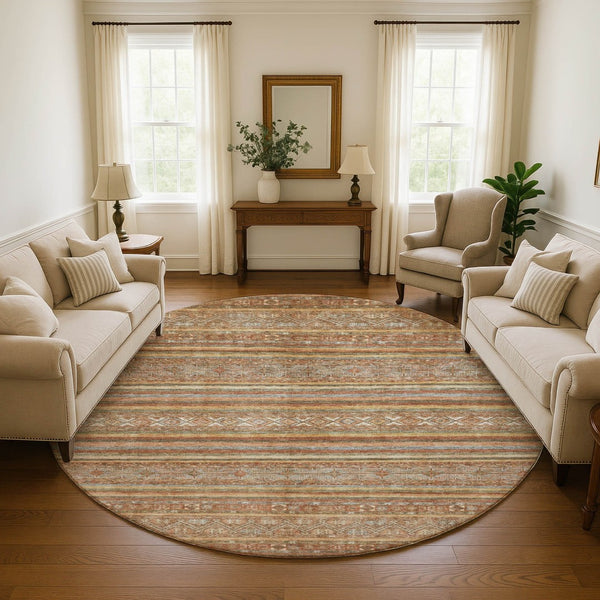 HomeRoots 8' Washable Terra Cotta, Gold & Gray Striped Round Rug - UV Protected, Non-Slip, Stain Resistant Design 695825