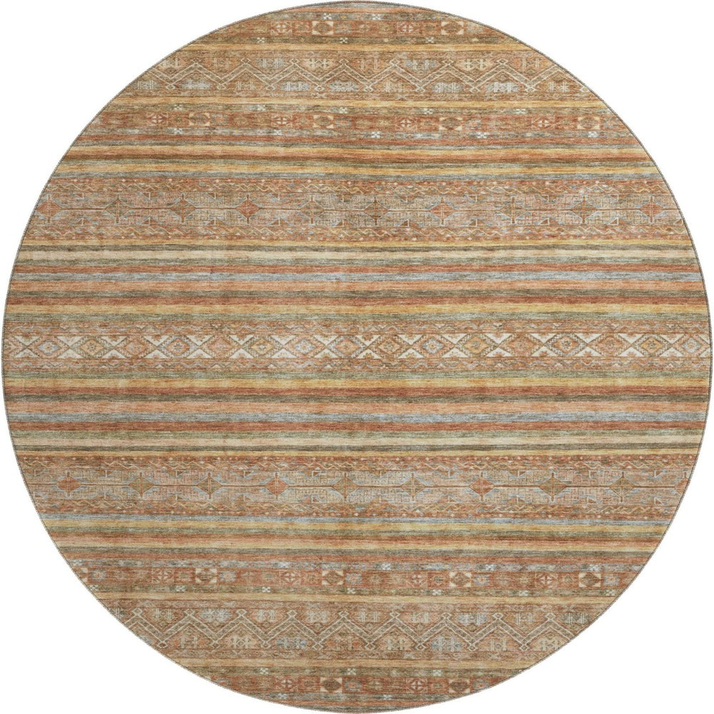 HomeRoots 8' Washable Terra Cotta, Gold & Gray Striped Round Rug - UV Protected, Non-Slip, Stain Resistant Design 695825