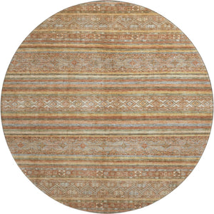 HomeRoots 8' Washable Terra Cotta, Gold & Gray Striped Round Rug - UV Protected, Non-Slip, Stain Resistant Design 695825
