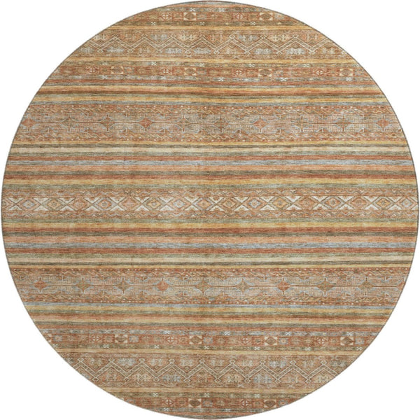 HomeRoots 8' Washable Terra Cotta, Gold & Gray Striped Round Rug - UV Protected, Non-Slip, Stain Resistant Design 695825