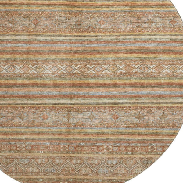 HomeRoots 8' Washable Terra Cotta, Gold & Gray Striped Round Rug - UV Protected, Non-Slip, Stain Resistant Design 695825